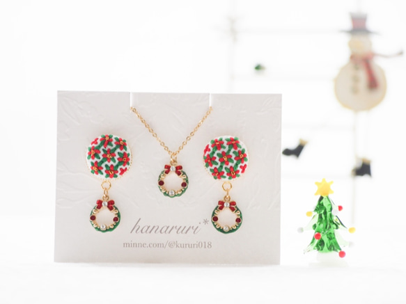 クリスマスコフレ☆刺繍のイヤリング(ピアス)&ネックレス《ポインセチア》 3枚目の画像