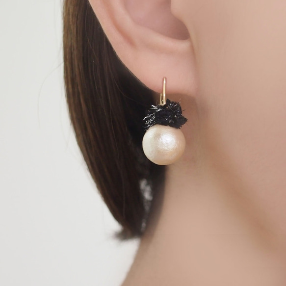 棉珍珠耳環黑色[定做] 第2張的照片