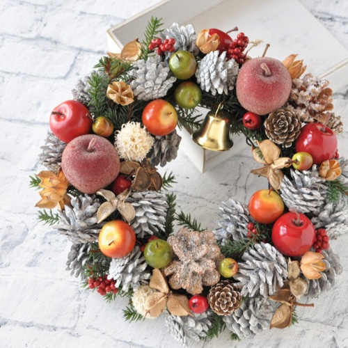 りんごと木の実のリース りんごと木の実のリース no.3 ゴールドのベル2020：30cm クリスマス