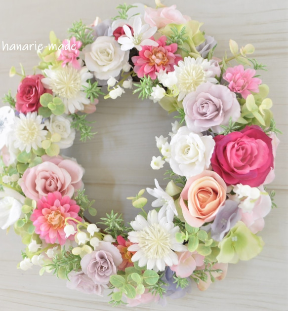 ピンクのバラとすずらん リース：母の日フラワー 母の日 ウェディング