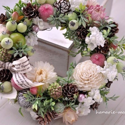 再販mini-wreath　17cm：白い小花と ｼｭｶﾞｰｱｯﾌﾟﾙ 6枚目の画像