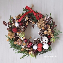 mini-wreath　16cm：グリーンコニファーと木の実 4枚目の画像