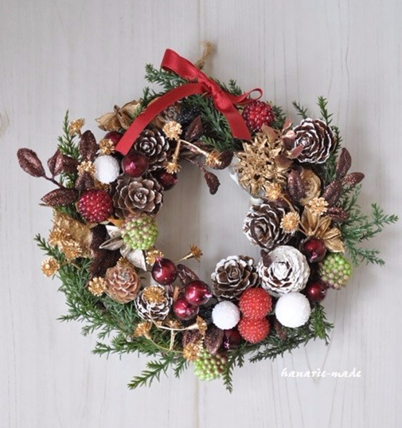 mini-wreath　16cm：グリーンコニファーと木の実 4枚目の画像