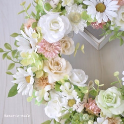 Mさまオーダー：白いバラとマーガレット　コットンリボンをそえて：wreath 2枚目の画像
