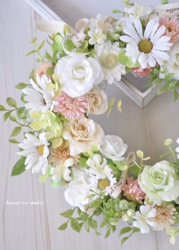 Mさまオーダー：白いバラとマーガレット　コットンリボンをそえて：wreath 2枚目の画像