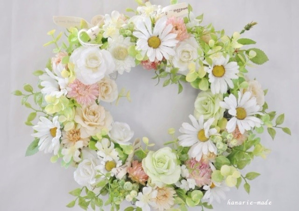 Mさまオーダー：白いバラとマーガレット　コットンリボンをそえて：wreath 4枚目の画像