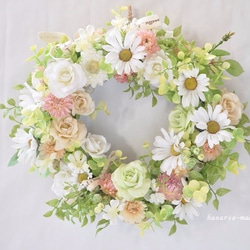Mさまオーダー：白いバラとマーガレット　コットンリボンをそえて：wreath 5枚目の画像