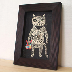 おさのなおこ　木版画　杉　猫の腹時計　掛け時計　置き時計 木版画の時計『腹時計』（風呂敷/花柄） 掛け時計・置き時計 おさの