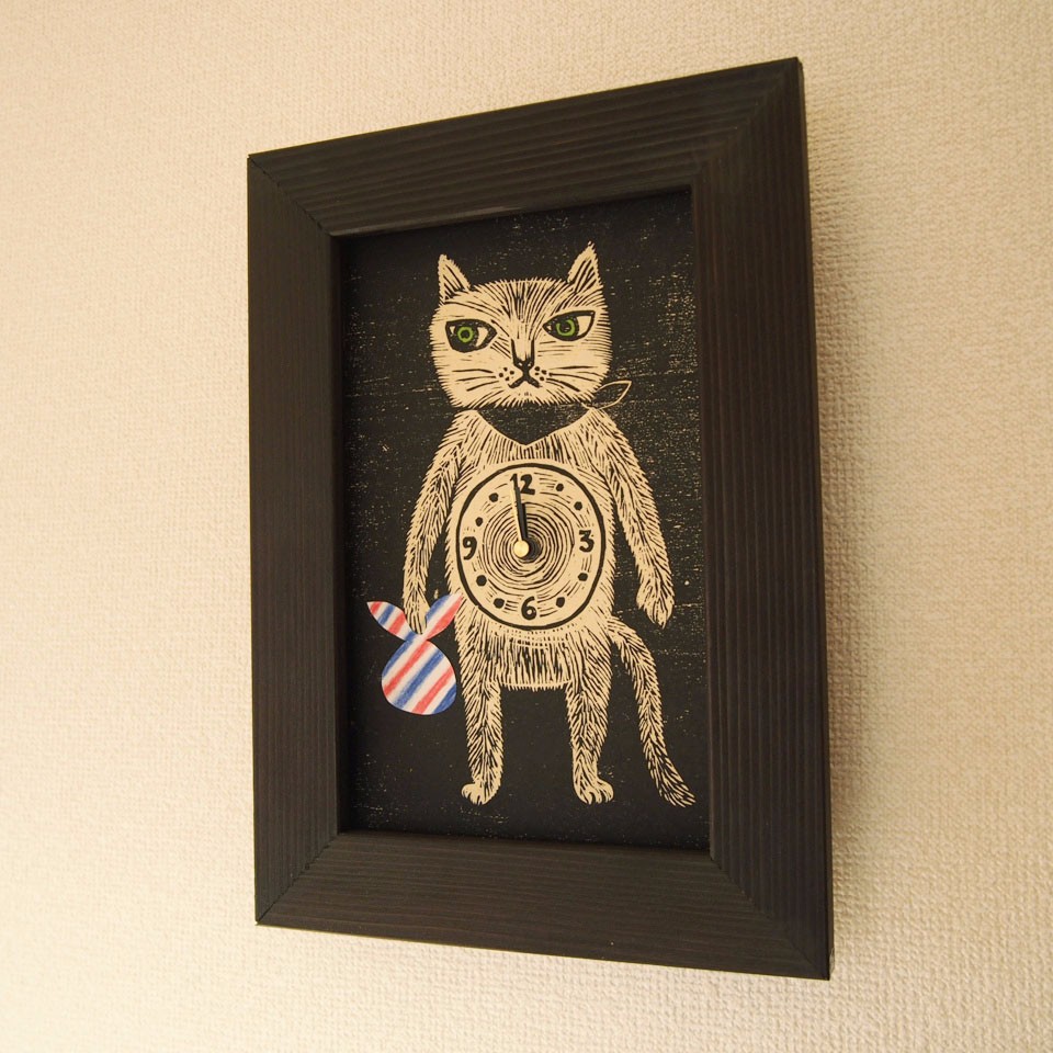 木版画の時計『腹時計』（風呂敷/サインポール柄） 掛け時計・置き時計