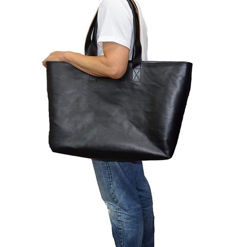 レザートートバッグ 牛革 茶芯材料 ブラック ビッグサイズ