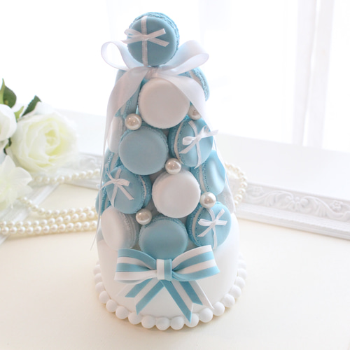 マカロンタワー　ブルーグラデーション ♡ストライプリボンのマカロンタワー♡ リングピロー Rilu 通販