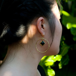 方型黑瑪瑙大圈圈耳環-手作-耳針可改耳夾-Brass-Handmade 第6張的照片