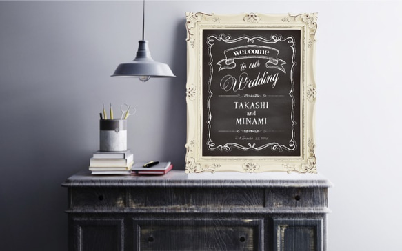 ウェディング　 送料無料 ウェルカムボード　Ｂｌａｃｋ　Ｂｏａｒｄ　デザインＡ　黒板　結婚　ゴールド　バニラ　おしゃれ 1枚目の画像
