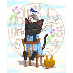 CLOCK CAT／猫のアートポスター　A4サイズ 1枚目の画像