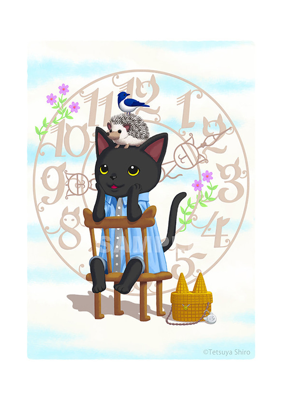 CLOCK CAT／猫のアートポスター　A4サイズ 1枚目の画像