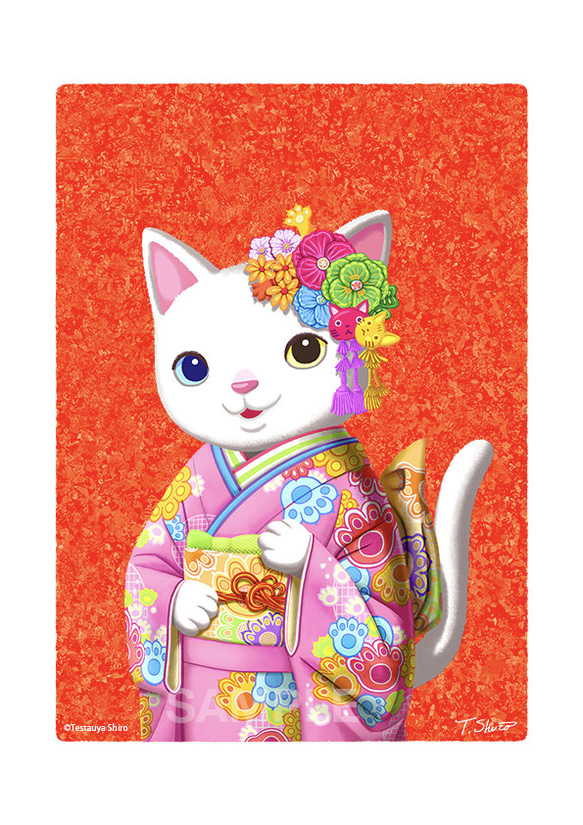 KIMONO CAT ／猫のアートポスター　A4サイズ 1枚目の画像