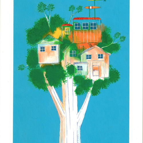 Sky House/風景画アート（ツリーハウス） 原画 A4サイズ 絵画 コロンゴ