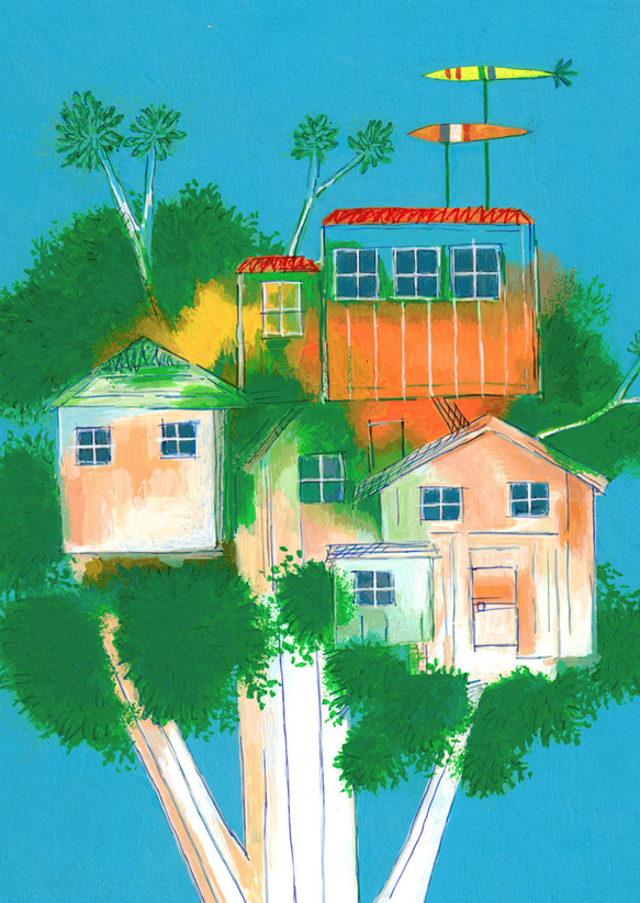 Sky House/風景画アート（ツリーハウス）　原画　A4サイズ 2枚目の画像