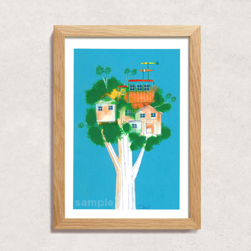 Sky House/風景画アート（ツリーハウス） 原画 A4サイズ 絵画 コロンゴ