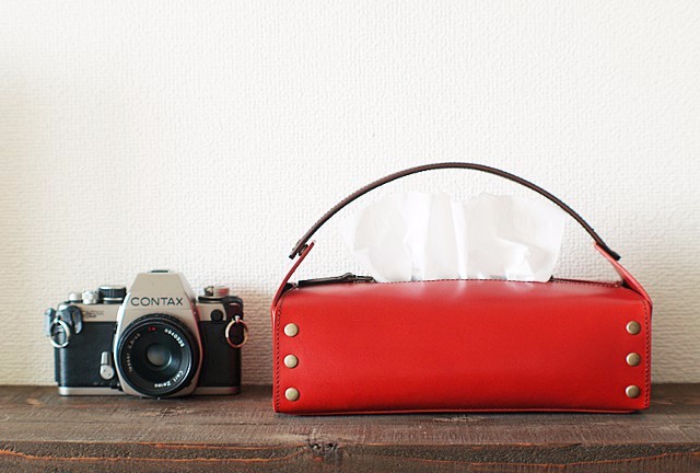 持ち手つきティッシュBOXケース <赤> 【受注製作】