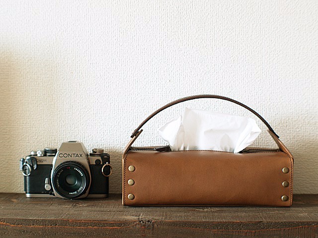 持ち手つきティッシュBOXケース <黄色みブラウン> 【受注製作】