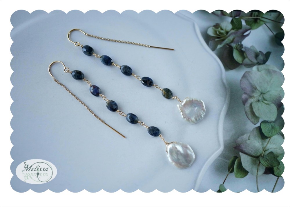 淡水花びらパールとサファイアのロングピアス