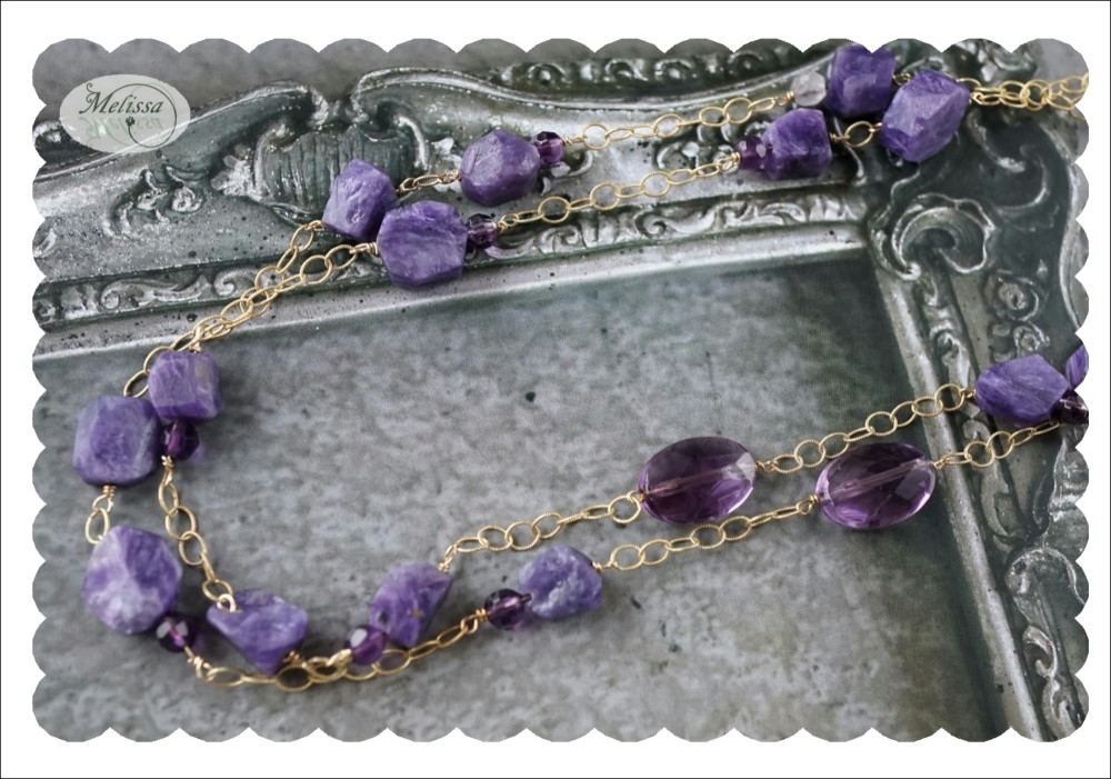 チャロアイトとアメシストのロングネックレス