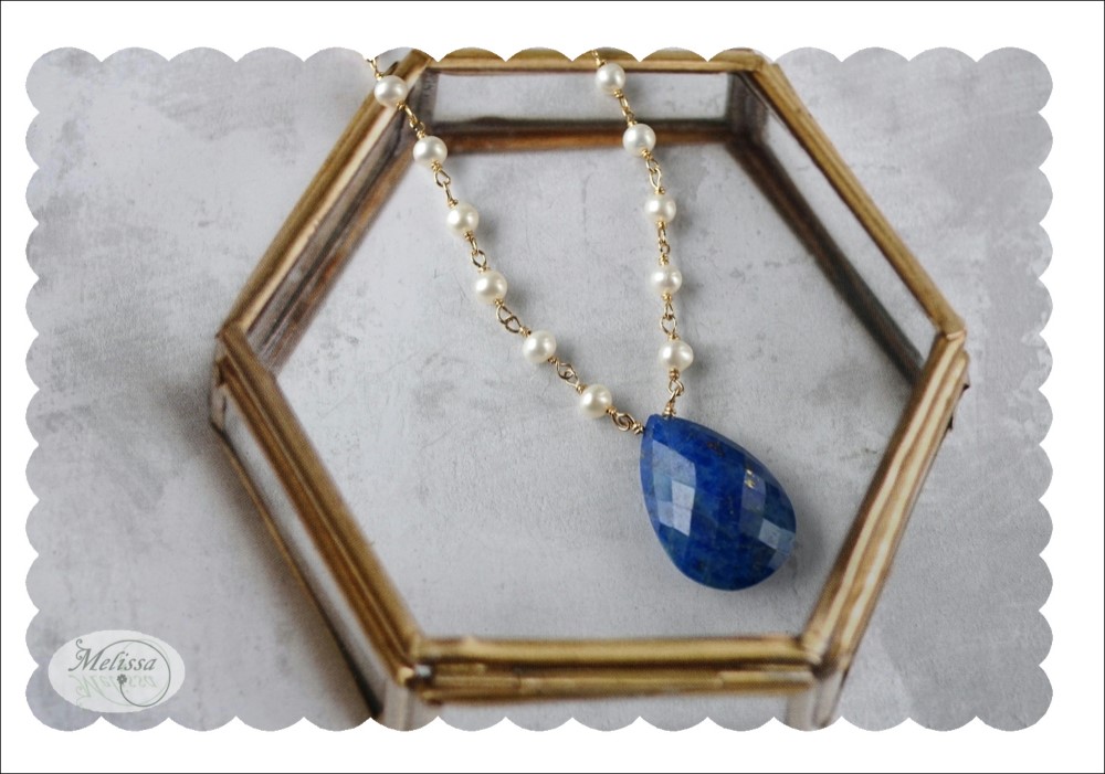 大粒ラピスラズリと淡水パールのワイヤーネックレス