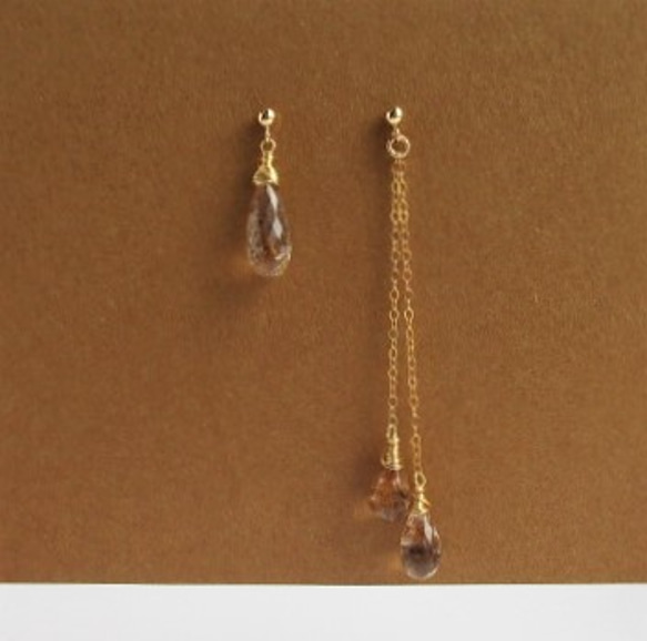 asymmetry pierced earrings 14Kgf/with brown-rutilated quartz 第2張的照片
