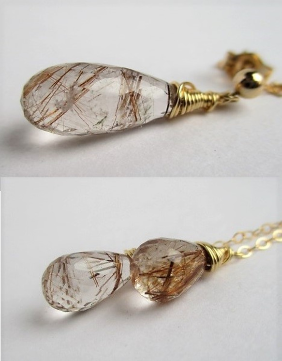 asymmetry pierced earrings 14Kgf/with brown-rutilated quartz 第3張的照片