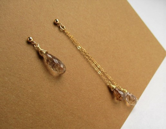 asymmetry pierced earrings 14Kgf/with brown-rutilated quartz 第7張的照片