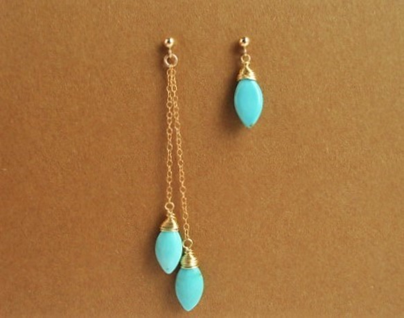 asymmetry pierced earrings 14Kgf/with Mexican-turquoise 第2張的照片