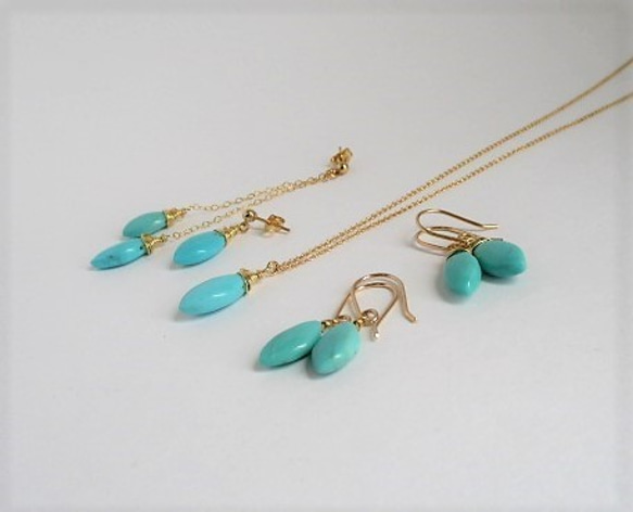 asymmetry pierced earrings 14Kgf/with Mexican-turquoise 第6張的照片