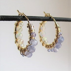 14Kgf hoop pierced earrings with tnzanite ＆ opal 第3張的照片