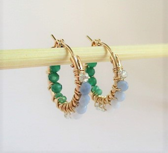 14Kgf hoop pierced earrings / blue＆green 第3張的照片