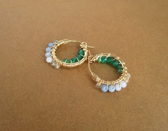 14Kgf hoop pierced earrings / blue＆green 第5張的照片