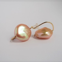 桃子淡水珍珠硬幣耳環14Kgf 第5張的照片