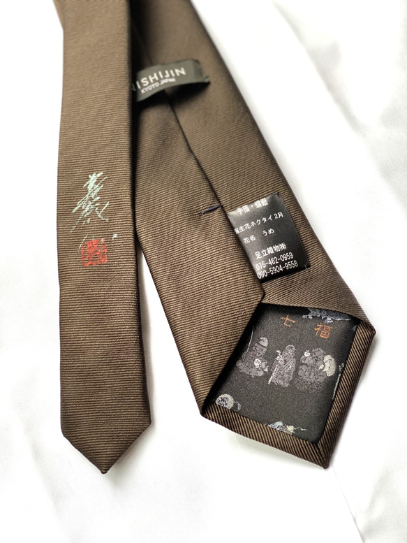 誕生花ネクタイ「2月　うめ」　京都・西陣織　手描き　螺鈿　ポストカード付き 3枚目の画像