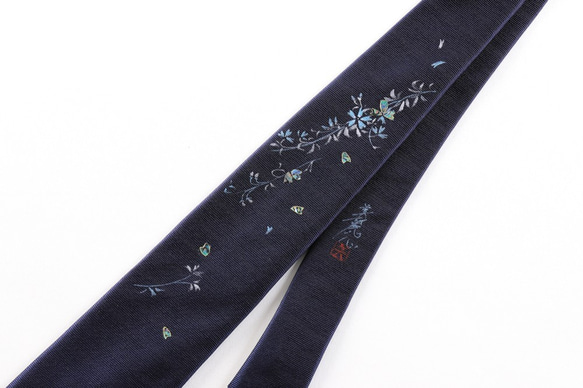 　さくらネクタイ　ネイビー　京都・西陣織　手描き　螺鈿　シルク 4枚目の画像