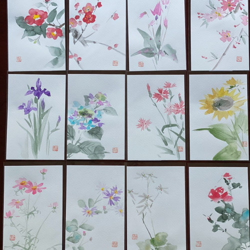 誕生花ネクタイ「6月 あじさい」カーキ 京都・西陣織 手描き