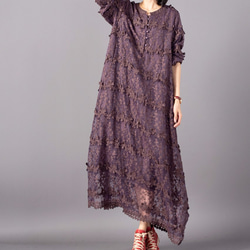 S252 秋 水溶性レース 刺繍 ワンピース パープル ワンピース Libasa