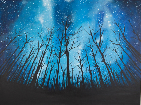 青い夜空と木の油絵 満月の松の木の油絵：夜の森のインパストアート（8x8） - Etsy 日本 絵画