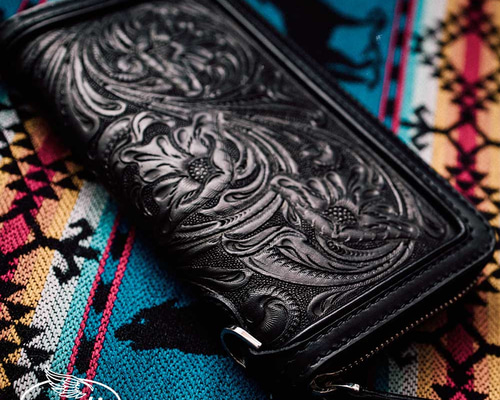 カービング/ラウンドファスナー長財布/レザーウォレット/ヌメ革/サドル