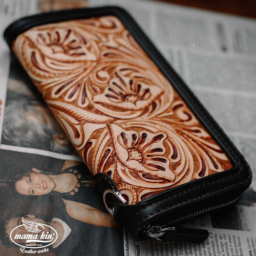 カービング/ラウンドファスナー長財布/レザーウォレット/ヌメ革/サドル  