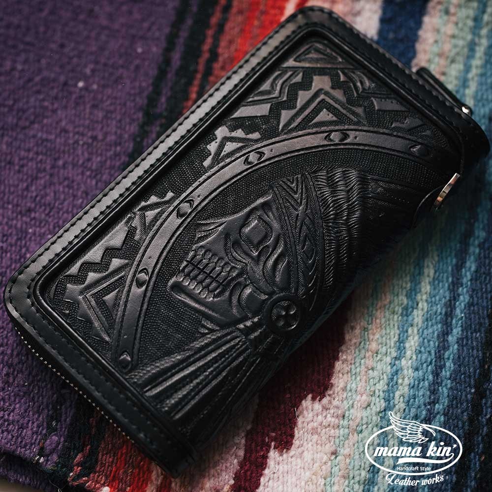 カービング/ラウンドファスナー長財布/レザーウォレット/ヌメ革/サドルレザー/rf009id84blk