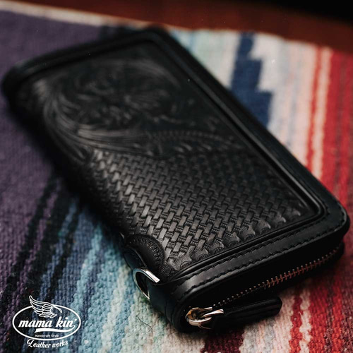 カービング/ラウンドファスナー長財布/レザーウォレット/ヌメ革/サドル  