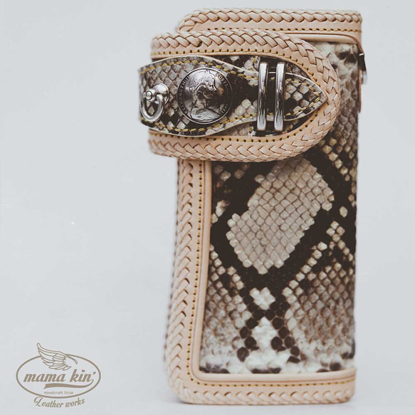 パイソンレザー/ヘビ革/レザーウォレット/バイカーズウォレット