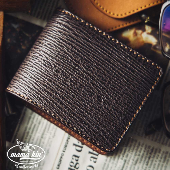 シャークスキン 栃木レザー サメ革 ヌメ革 サドルレザー 牛革 二つ折り  