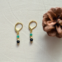 黑＆綠 天然石黃銅耳環 第2張的照片