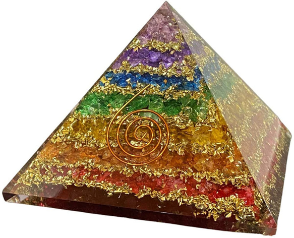 オルゴナイト 天然石 ピラミッド型 チャクラ 電磁波防止 7色xレイヤー チャクラストーン アメジスト 約85x85mm 1枚目の画像
